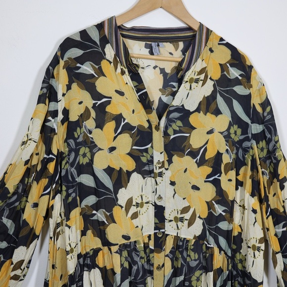 Blånk London Floral Stripe Tiered Shirt Dress Tunic Boho 3/4 Sleeve 2X Earthy - Picture 4 of 16